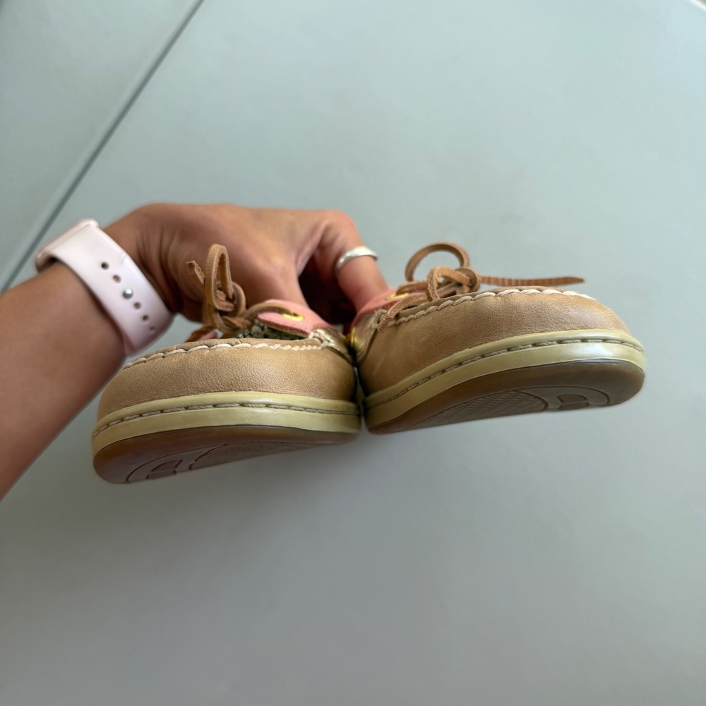 Sperry TopSider Women 9.5 Pink Tan Gold Leather Mesh Angelfish Boat Shoes Preppy - Picture 4 of 15